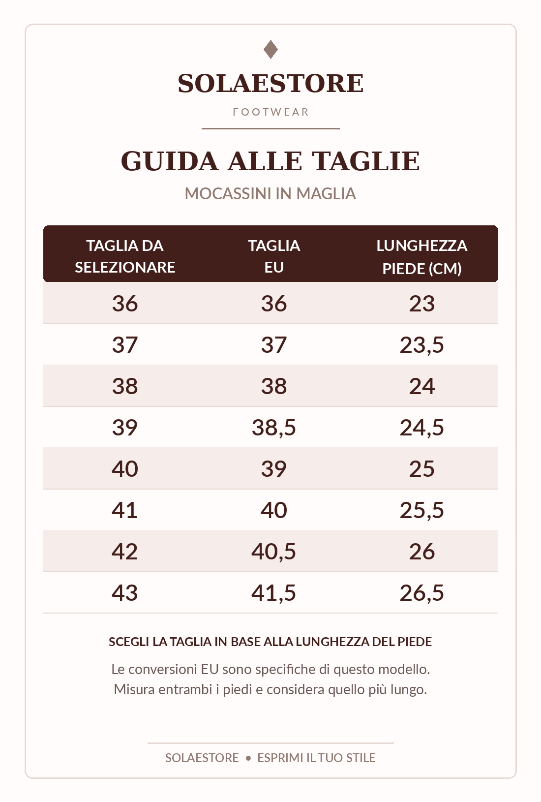 Tabella delle misure SolaeStore